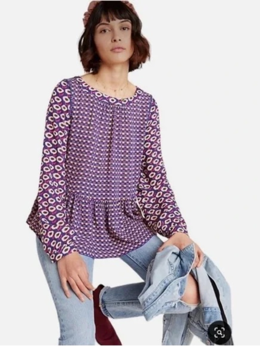 Anthropologie - Maeve Cheyenne Peplum Purple Long Sleeve Fun Blouse Size XS